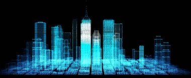 Neon ışıkları gökdelenler ve binalar, aydınlatılmış şehir 3D illüstrasyon