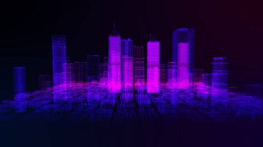 Neon ışıkları gökdelenler ve binalar, aydınlatılmış şehir 3D illüstrasyon