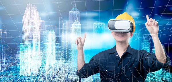 Engineer Wearing Helmet Goggles Using Hologram Technology — Stock Photo, Image