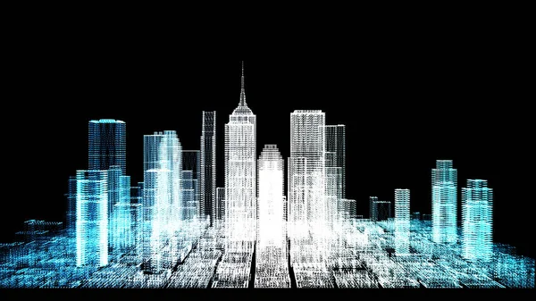 霓虹灯 摩天大楼和建筑物 照明城市3D插图 — 图库照片