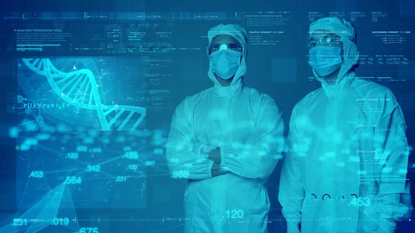 doctors in protective clothing working with future technology