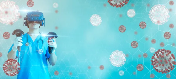 Medical Worker Using Virtual Reality Headset Fighting Viruses — Stock Photo, Image