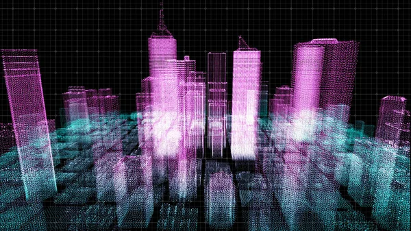 neon lights skyscrapers and buildings, illuminated city 3d illustration
