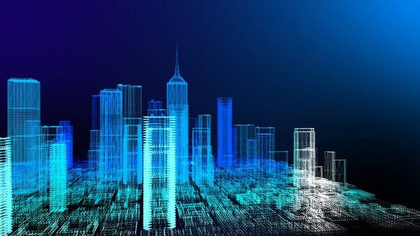 Neon lights skyscrapers and buildings, illuminated city 3d illustration