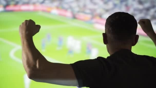 Czirliderka Ogląda Mecz Sportowy Tle Ekranu Fani Piłki Nożnej Wiwatują — Wideo stockowe