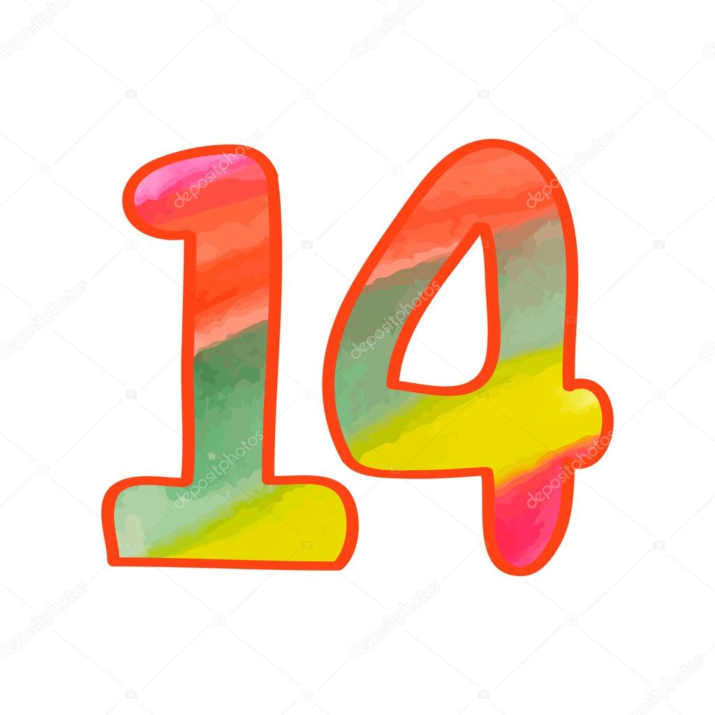The number 14 watercolor drawing (contour) — Stock Vector
