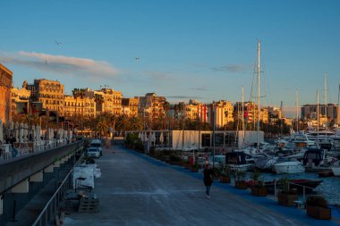 Barcelona skyline and harbor with boats.