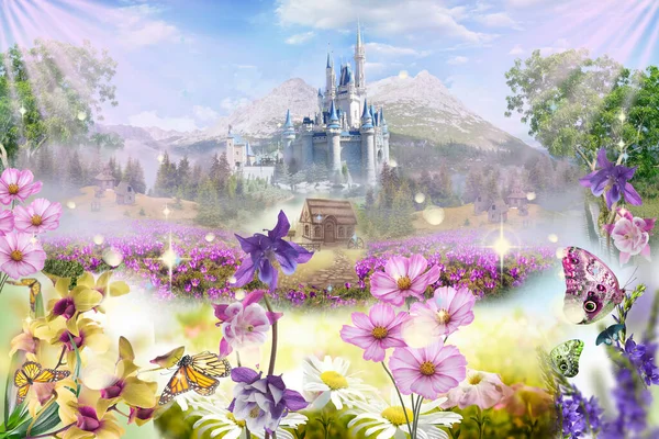 Spring Castle Flowers Butterfly — 스톡 사진