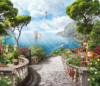 Deniz manzaralı sütunlar Eski sokak çiçekleri Duvar diker