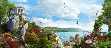 Deniz manzaralı sütunlar Eski sokak çiçekleri Duvar diker