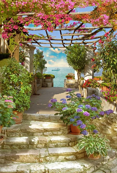 Mural street sea garden flowers old