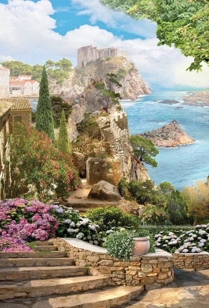 Murale Strada Mare Giardino Fiori Vecchio — Foto Stock