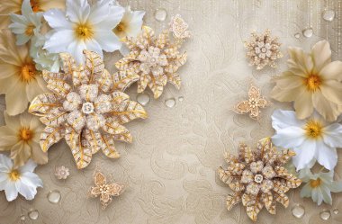 Mücevher çiçekleri altın ve beyaz bej arka plan