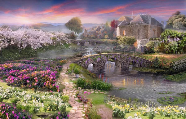 Fiori Nel Ponte Pietra Giardino — Foto Stock