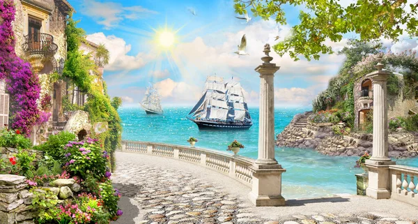 Mural Street Sea Garden Flowers Old — Stock Photo, Image