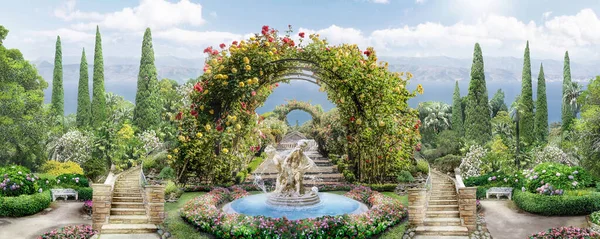 Flores Jardín Con Fuentes —  Fotos de Stock