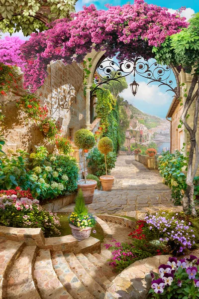 Murale Strada Mare Giardino Fiori Vecchio — Foto Stock