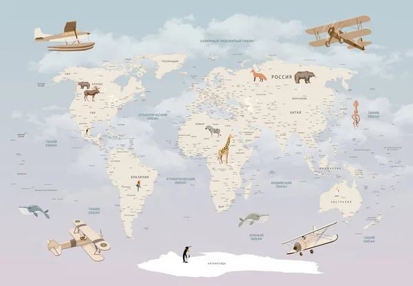 Carte Monde Avec Avion Animal Afrika Murale Papier Peint Art — Photo