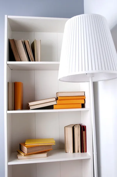 a bookcase with books from floor lamp. No labels