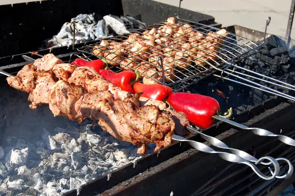 Espetos de churrasco kebabs de carne com legumes na grelha — Fotografia de Stock