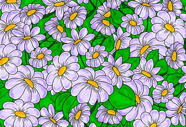 Background of lavender chamomile and green leaves, glade