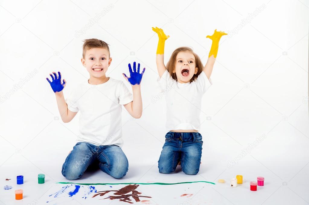 Two Pretty Child Friends Boy And Girl Are Drawing Pictures By Paints Showing Hands In Paint Sckream Roar Happy Stock Photo By C Zamuruev Two Pretty Child Friends Boy And Girl Are Drawing Pictures By Paints Showing Hands In Paint Sckream Roar Happy Stock Photo By C Zamuruev