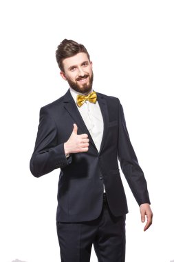 şık erkek takım, papyon ile başparmak yukarı sakallı