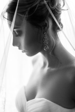 Siyah ve beyaz gelin portresi. Güzel kadın peçe. Dikey portre.