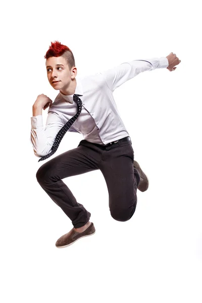 Elegante adolescente punk en ropa elegante saltando en pose —  Fotos de Stock