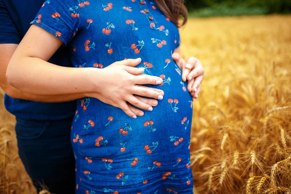 Coppia che abbraccia la pancia incinta sul campo — Foto Stock