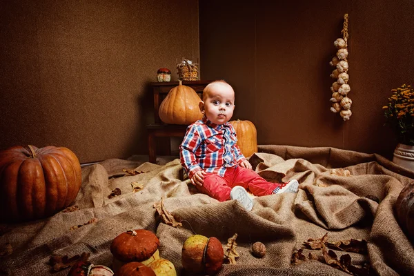 Lindo bebé con camisa a cuadros y pantalones rojos sentado en la habitación con verduras de temporada — Foto de Stock