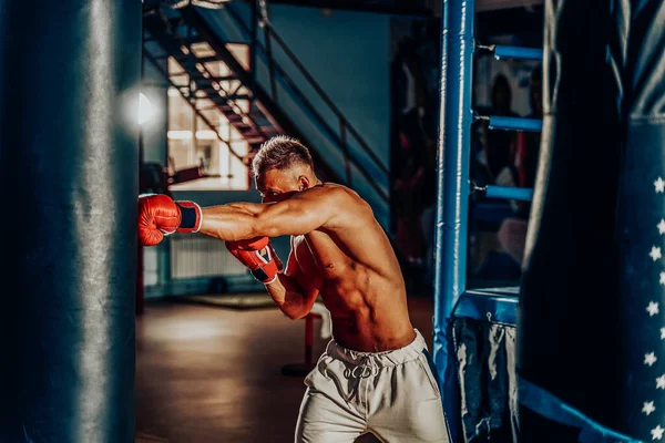 Entrenamiento de boxeador en un saco de boxeo en el gimnasio —  Fotos de Stock