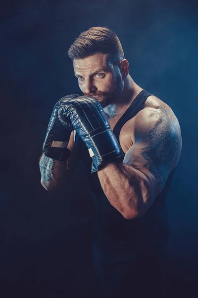 Sportsman boxer fighting on black background with shadow. Copy Space. Boxing sport concept. — Stock Photo, Image