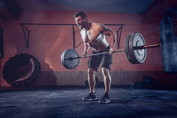 Hombre muscular haciendo ejercicio en el gimnasio haciendo ejercicios, fuertes abdominales masculinos desnudos del torso — Foto de Stock