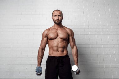 Vücut geliştirici, tuğla duvara dayalı dambıllarla pazılar için egzersiz yapıyor.