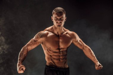 Çok kaslı bir vücut geliştirici pozu. Güzel sporcu erkek gücü. Fitness kaslı bir adam. Kükre