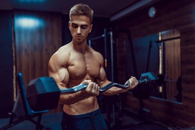 Sportif yong adam pazılar için ağır ağırlık egzersizi yapıyor.