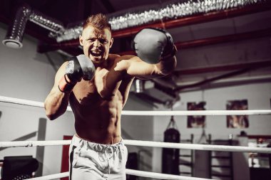Boksör. Boks ringinde kendinden emin genç bir boksör.