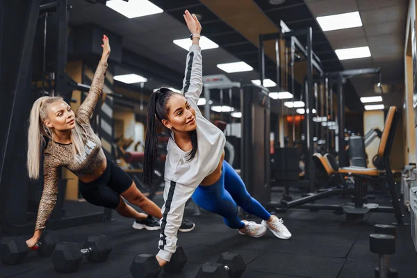 Zwei schöne Frauen mit athletischen Figuren posieren nebeneinander im Fitnessstudio. — Stockfoto
