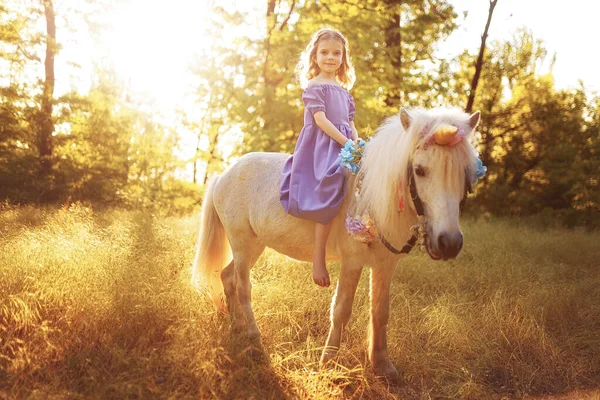 Meisje in paarse jurk knuffelende witte eenhoorn paard. Dromen komen eraan — Stockfoto