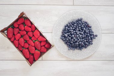 Kutuda çilek ve tabakta yaban mersini.