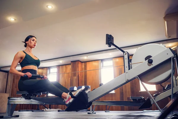 Determined young woman working out on row machine in fitness stu