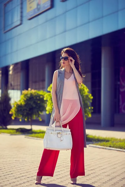 Outdoor moda styl życia portret pięknej młodej bizneswoman spaceru w nowoczesnym obszarze budynków — Zdjęcie stockowe