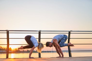 Çift bakasana pozisyonunda ve doğa üzerinde birlikte yoga yapıyor.