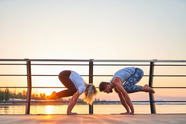 Çift bakasana pozisyonunda ve doğa üzerinde birlikte yoga yapıyor.