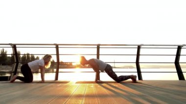 Çift bakasana pozisyonunda ve doğa üzerinde birlikte yoga yapıyor.