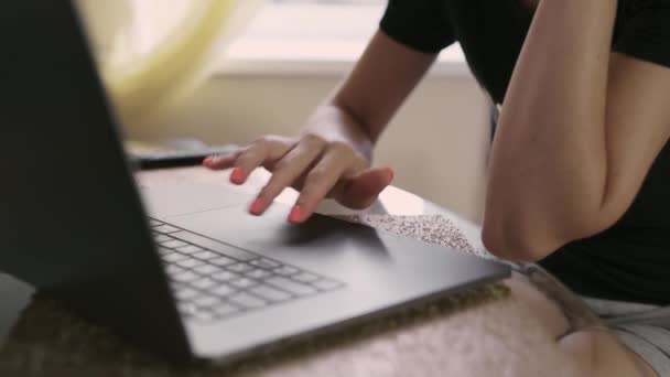 Laptop en las manos de la mujer trabajadora. Usando el panel táctil para controlar el programa. Uso del ordenador en actividades analíticas. Ayuda en asuntos de oficina. Planificación independiente del tiempo de trabajo — Vídeos de Stock