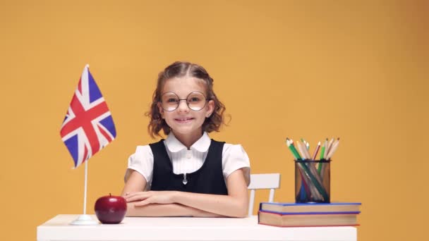 Feliz alumna sentada en el aula y sonriendo a la cámara, le gusta aprender idiomas extranjeros — Vídeo de stock