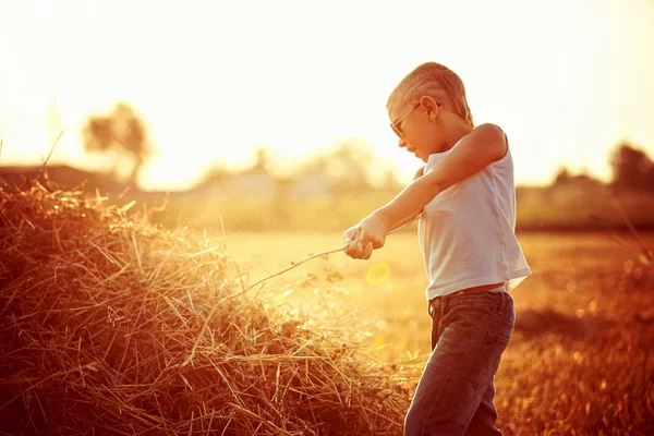 Ребенок бьет стопку сена с — стоковое фото