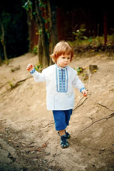 Ουκρανική αγόρι ενός έτους άλματα και να παίζει, ευτυχώς, σε ένα πάρκο, σε εξωτερικούς χώρους. Αστεία μικρό αγόρι. Θερινή ώρα. — Φωτογραφία Αρχείου